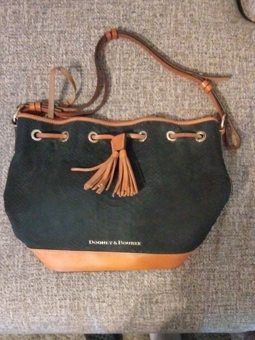 Dooney & Bourke Black and Tan Tassel Drawstring Shoulder Bag